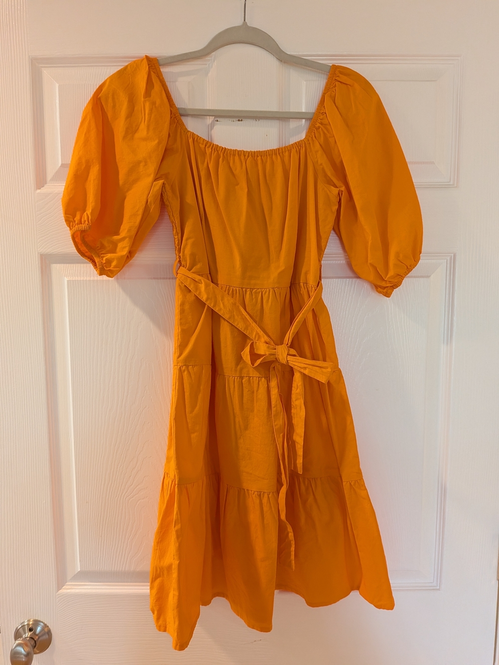 Bright Orange Midi Dress with Puff Sleeves and Waist Tie